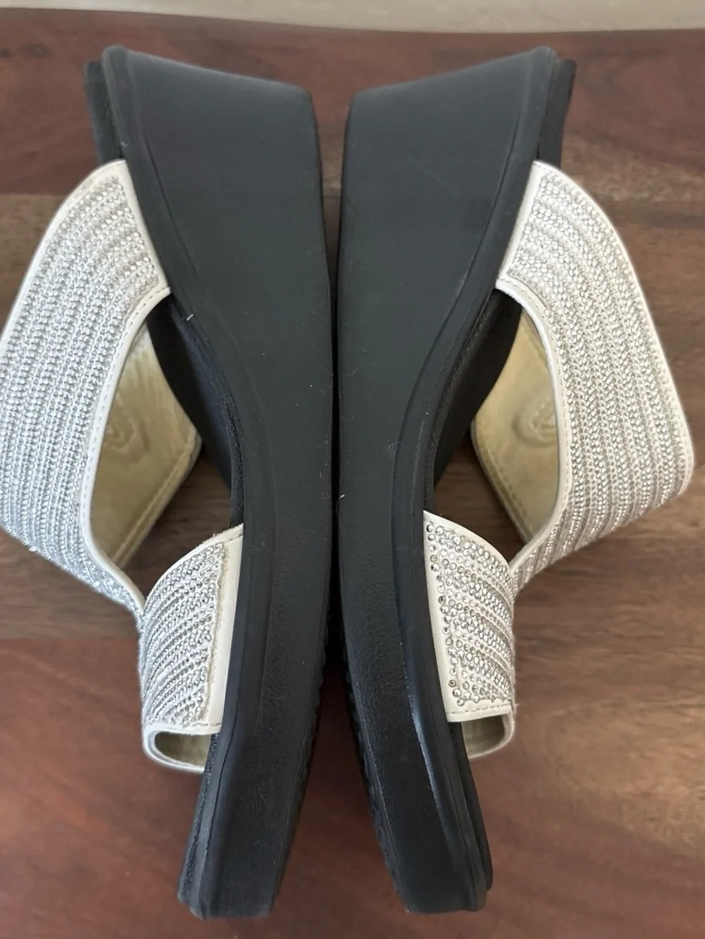 Skechers Women's Silver Rhinestone Slide Wedge Sandals. 10